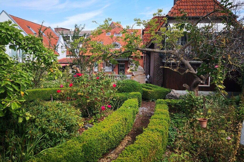 A garden with neatly trimmed hedges and a variety of plants.