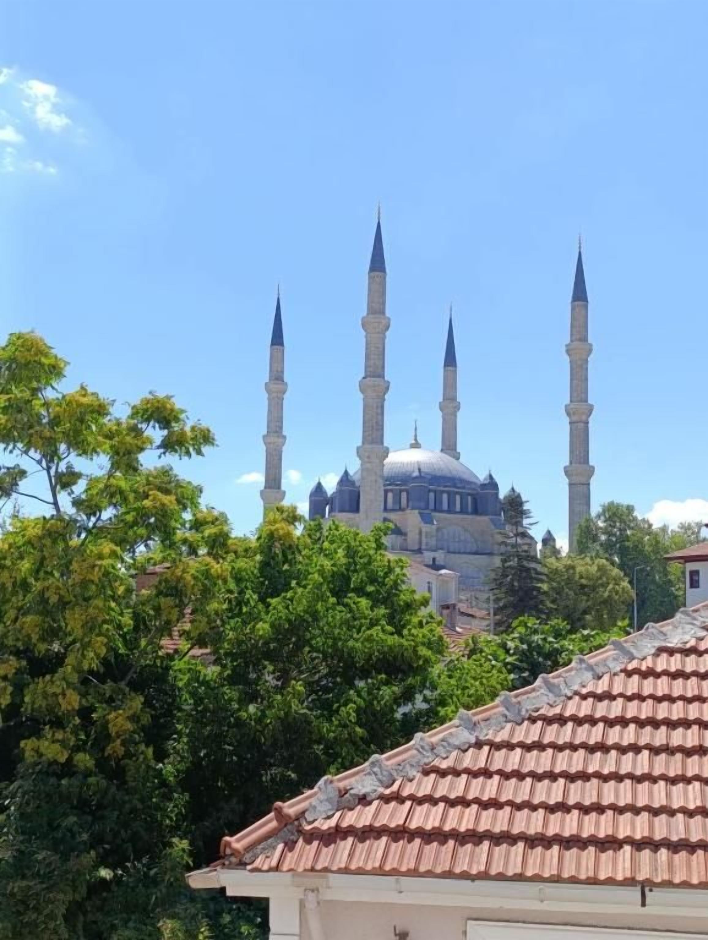 Eine Moschee mit einer großen Kuppel und vier Minaretten, umgeben von Bäumen und Gebäuden.