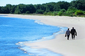 Ein Strand mit zwei Personen, die am Ufer entlanggehen, mit sandigem Strand und bewaldetem Hintergrund.