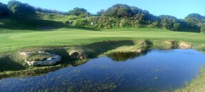 Ein Golfplatz mit Teich, Bäumen und blauem Himmel.
