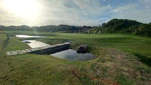Een golfbaan met een waterhindernis, een brug en een vlag.