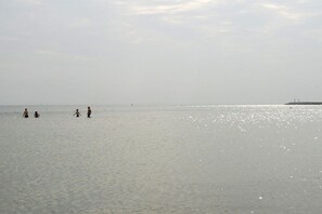 Ein Strand mit ruhiger See und einer fernen Küste.