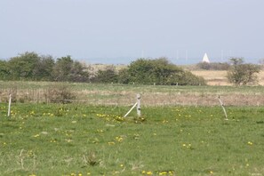 Ein Feld mit einem Zaun und einer Windkraftanlage in der Ferne.