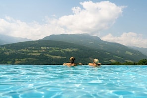 A person in a swimming pool with a mountainous landscape in the background. - Type 1 - Mailänderhof (Gmünd)