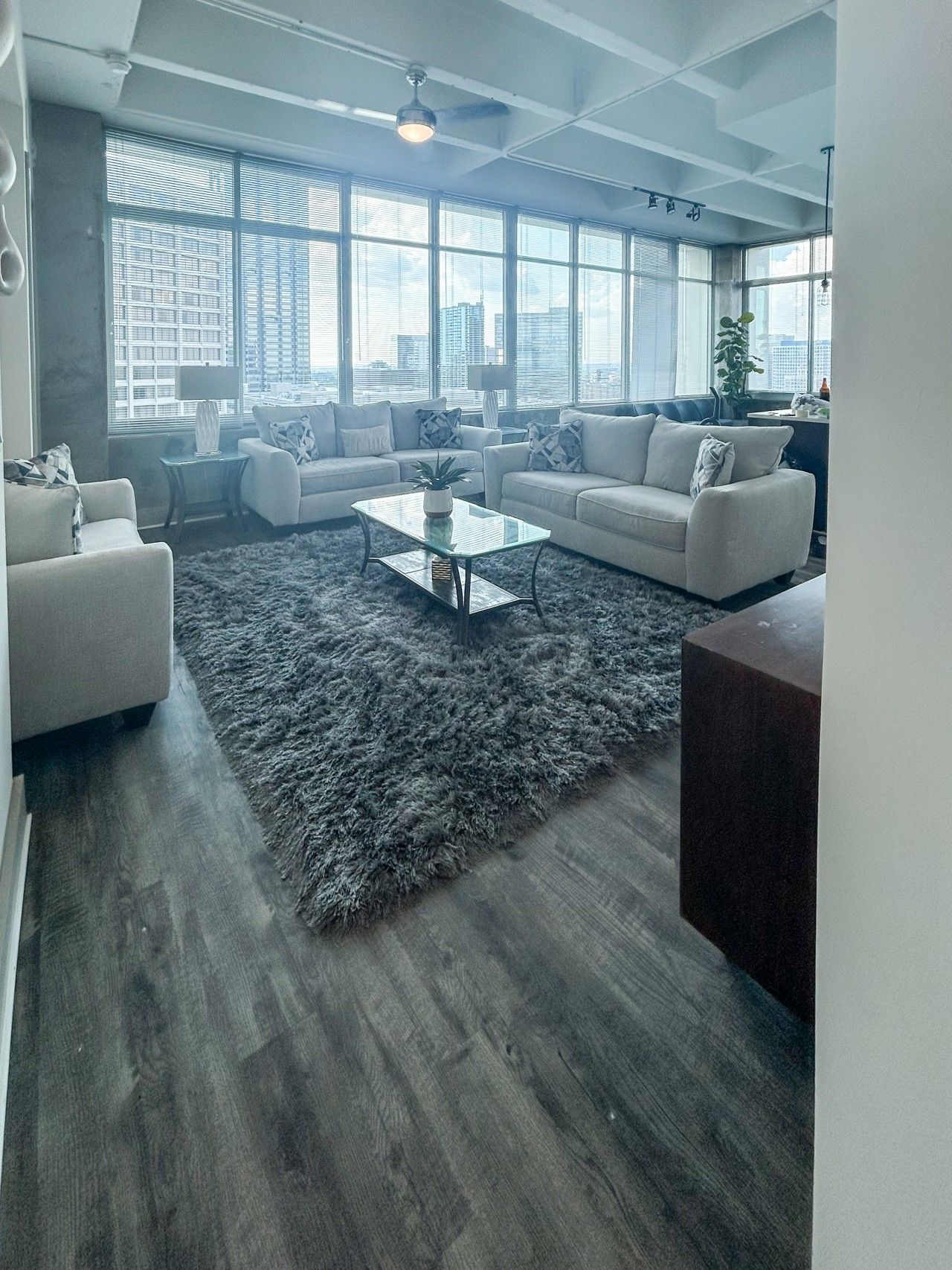 A modern living room with a large window, a grey shag rug, and a glass coffee table.