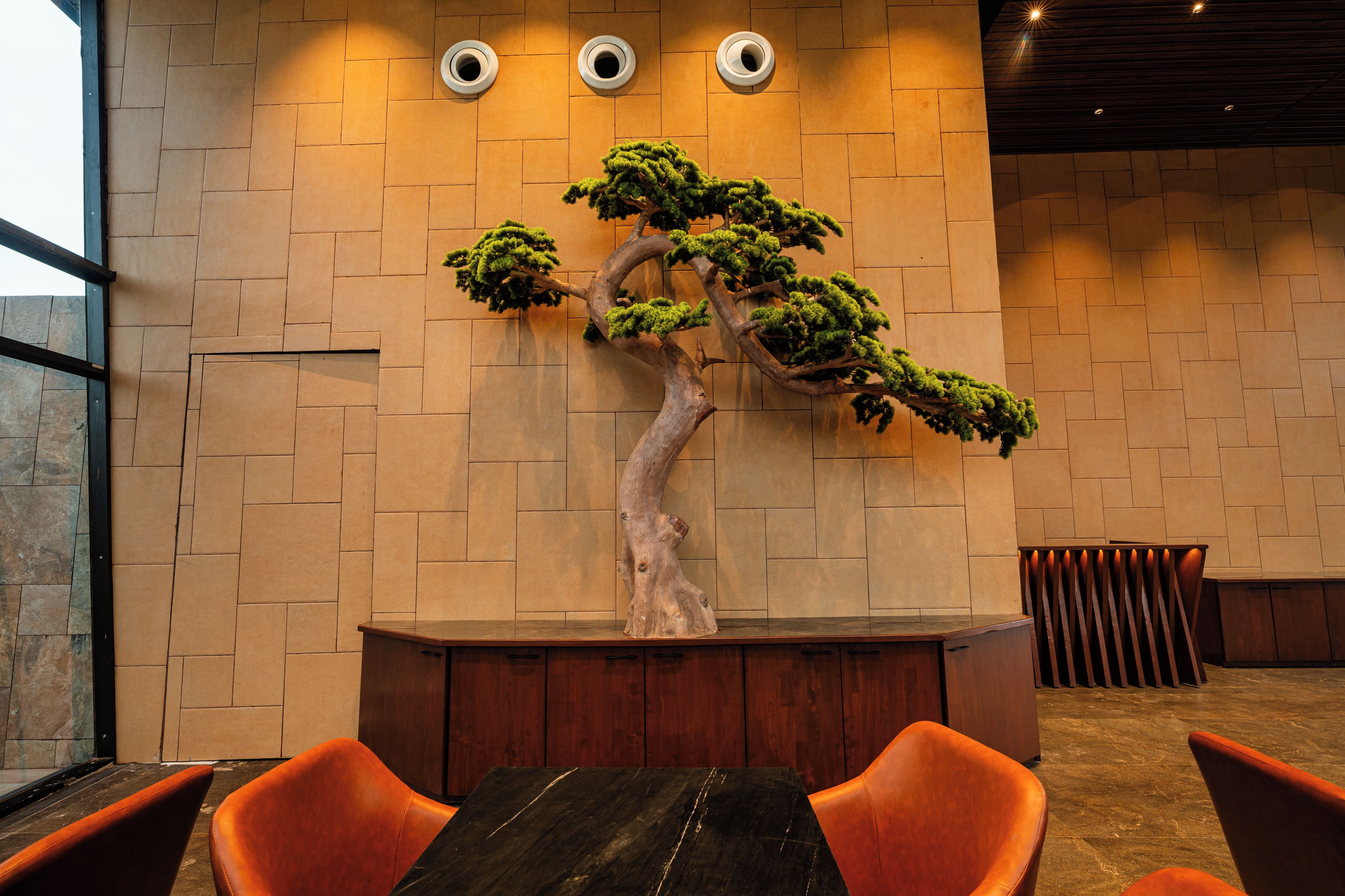 A reception desk with a bonsai tree, a wooden bench, and orange chairs.