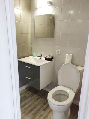 Ein modernes Badezimmer mit einer weißen Toilette, einem Waschbecken mit Spiegel darüber und einem dunkel gefärbten Schrank.