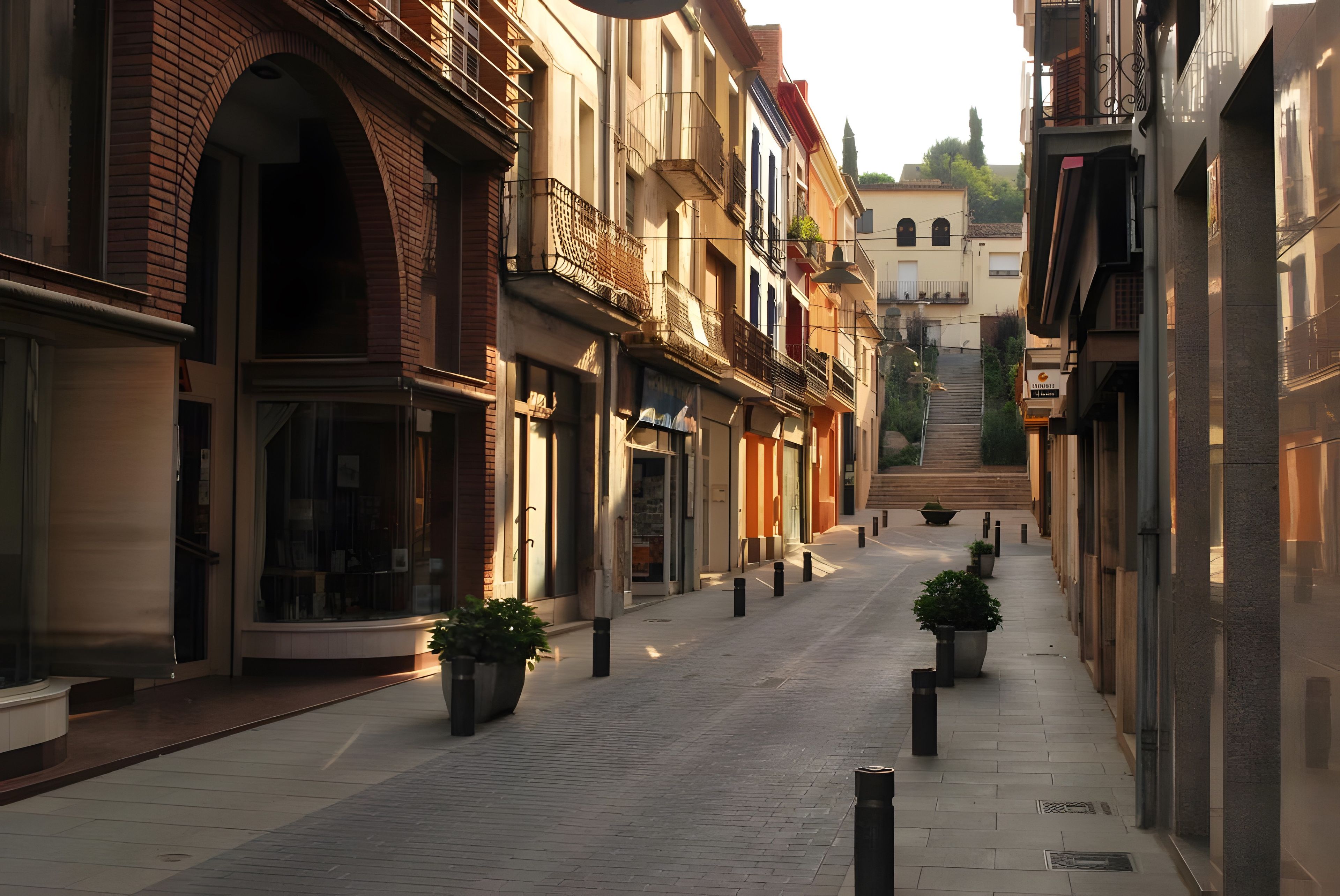 A narrow street with buildings on either side, featuring balconies and storefronts.