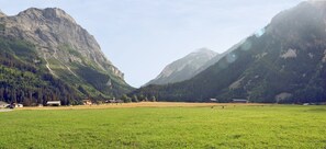 Ett bergigt landskap med en grön äng i förgrunden och en by med byggnader i fjärran.
