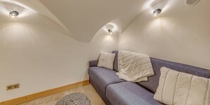 Une pièce chaleureuse avec un plafond cintré, un canapé gris agrémenté de coussins et un tapis à motifs.