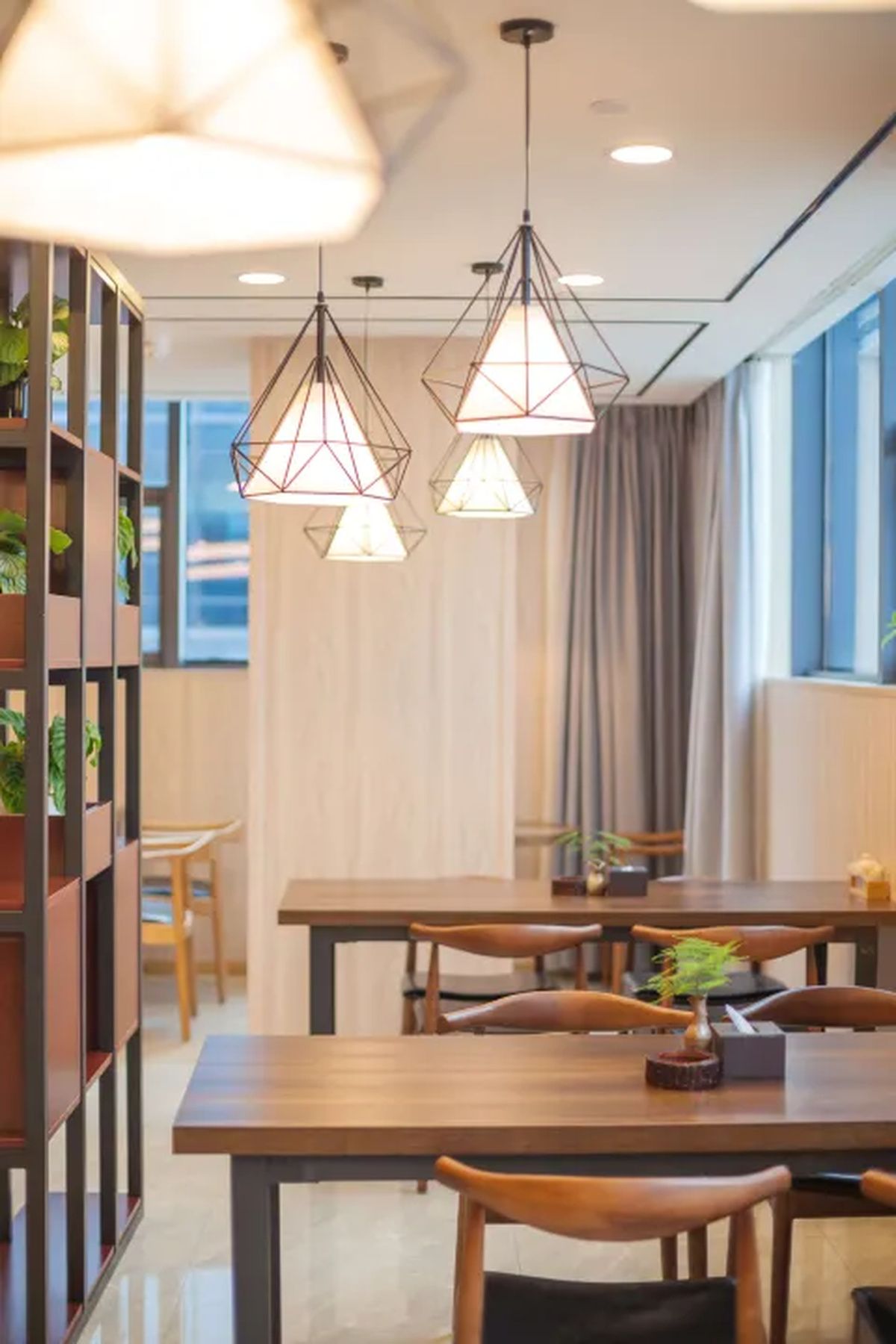 A modern dining area with wooden tables and chairs, pendant lighting, and a bookshelf with plants.