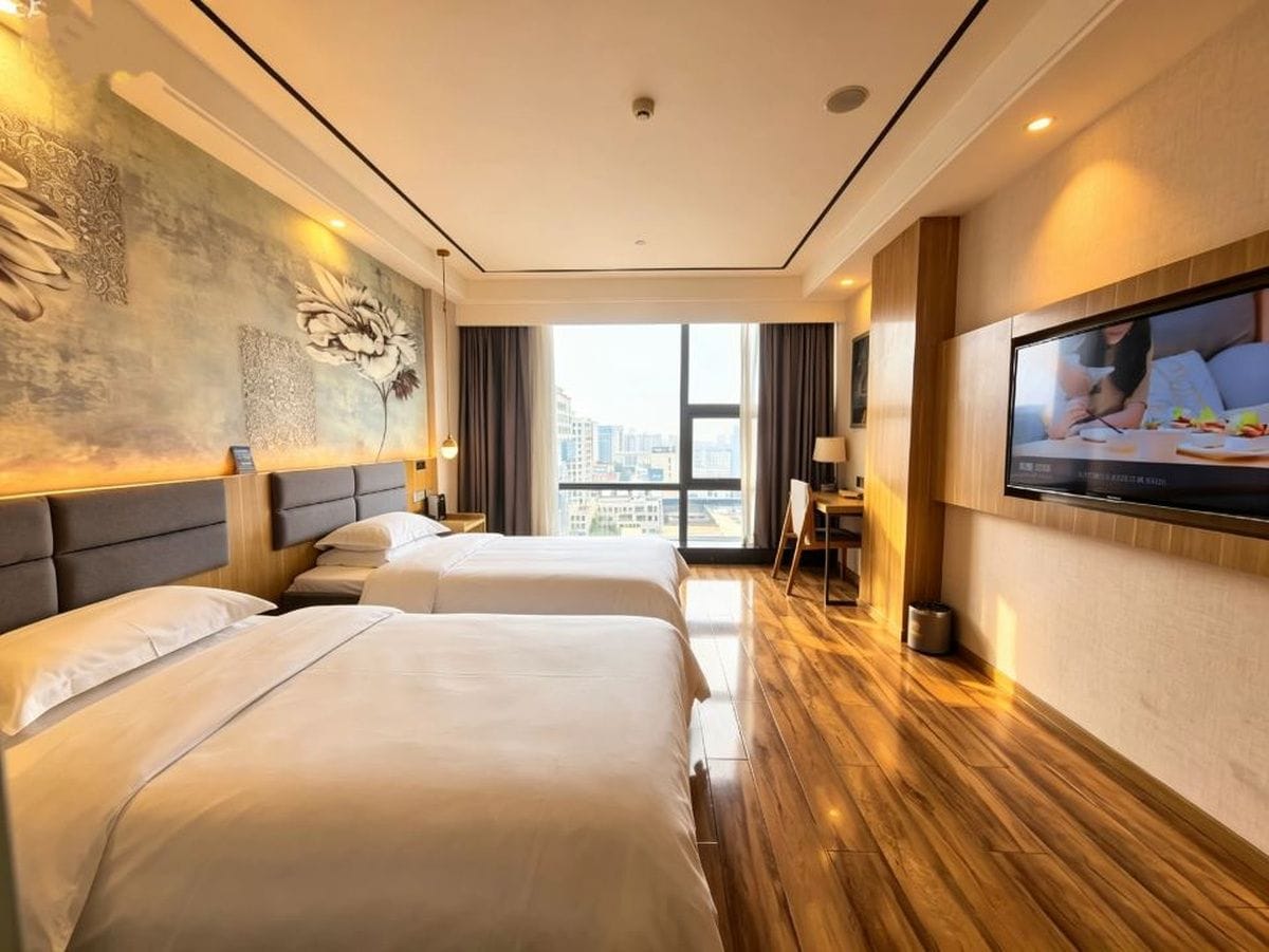 A hotel room with two beds, a large window, and a television on the wall.