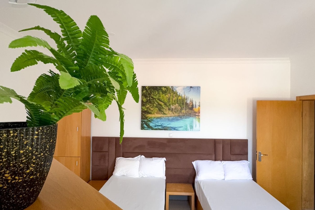Een hotelkamer met twee bedden, een grote potplant, een schilderij van een landschap en een houten garderobe.