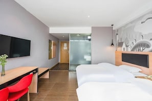 A hotel room with a bed, a desk with a chair, a television, and a mural on the wall. - Thank Inn Plus Hotel Shanghai Songjiang District Yexie Town Yexingong Road (Shanghai)