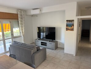 Ein Wohnzimmer mit grauem Sofa, einem Flachbildfernseher und einer kleinen Pflanze auf einer grauen Unterhaltungsanlage.