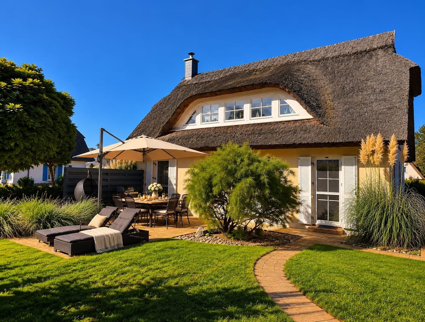 A house with a thatched roof, a patio with outdoor furniture, and a well-maintained garden.
