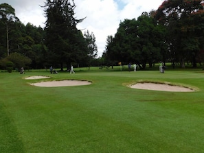 A golf course with sand bunkers, trees, and a flag on the green. - Sigona Golf Club (Kikuyu)