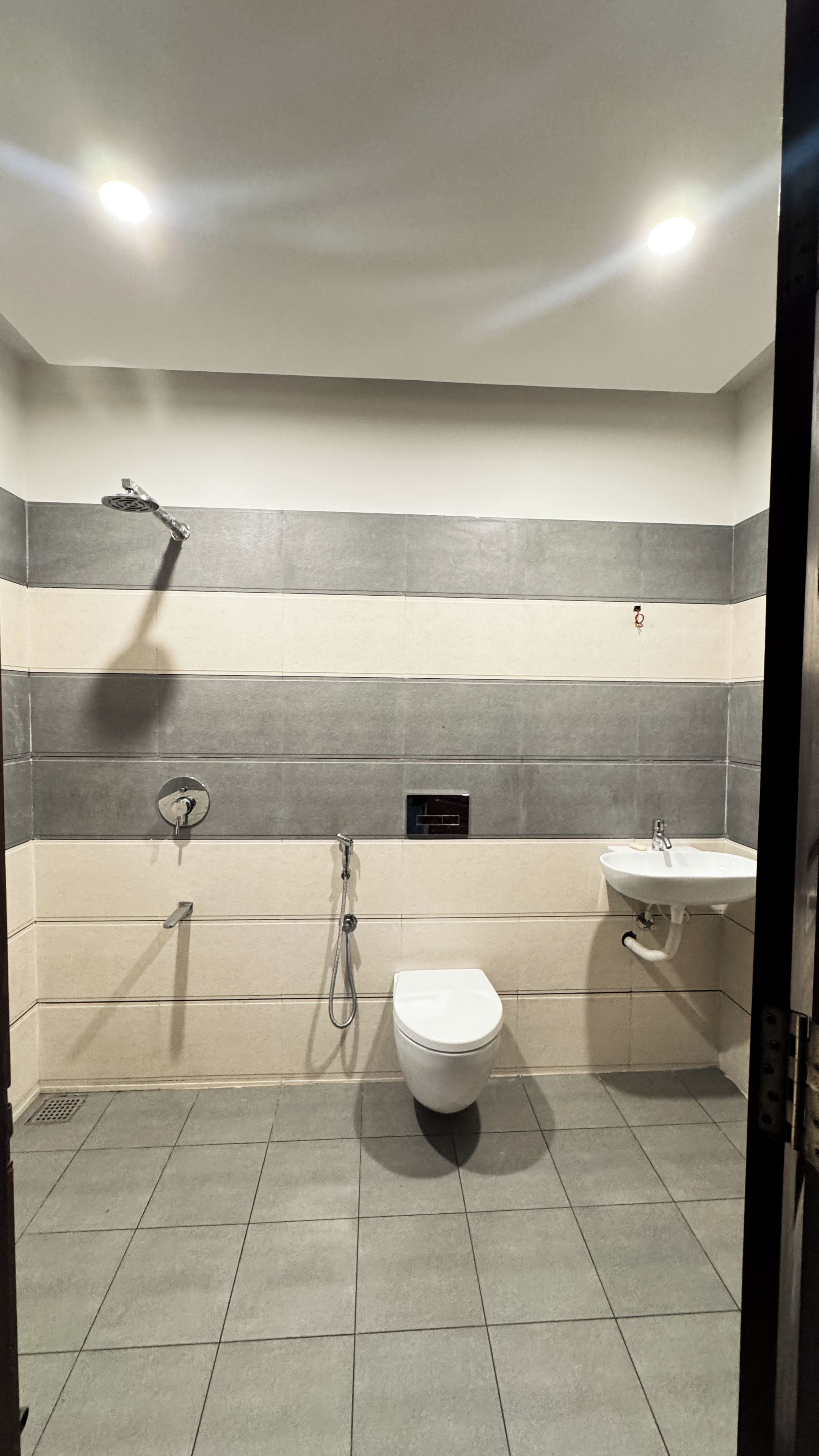 Un baño con inodoro, lavabo y ducha.