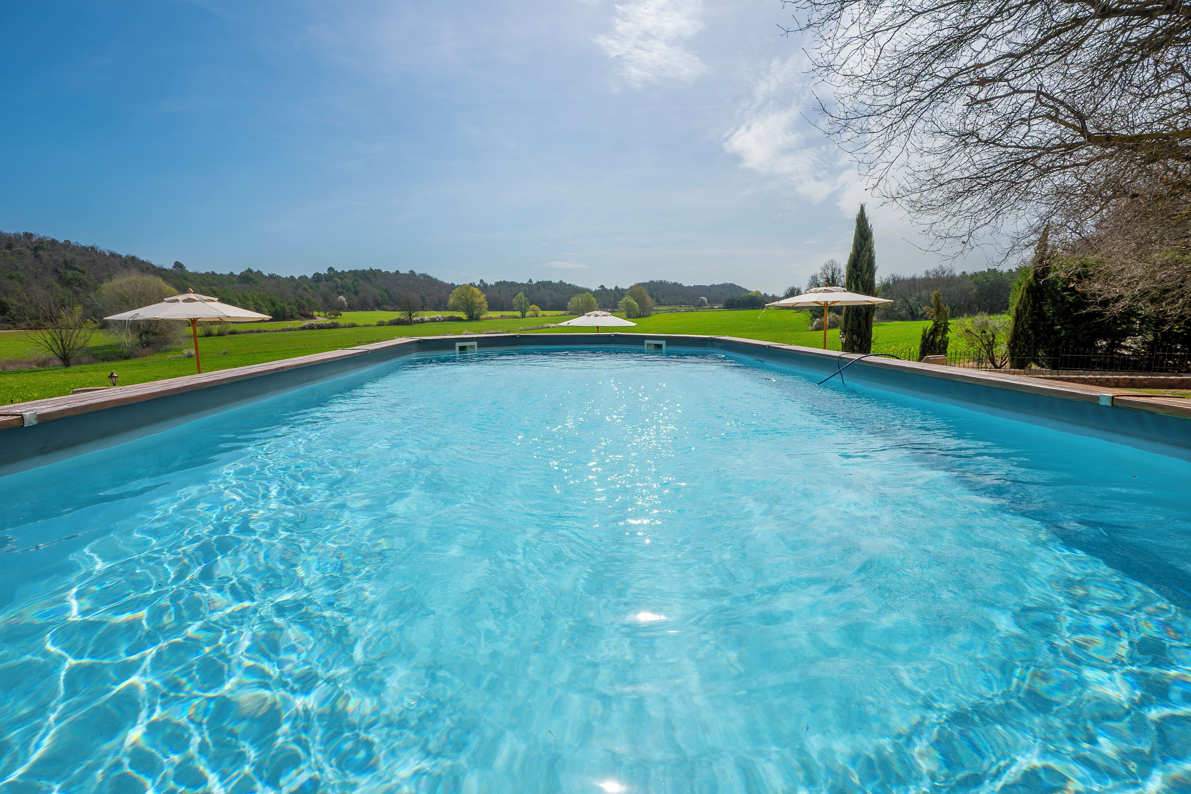 A clear swimming pool with a view of a green landscape and trees in the background.