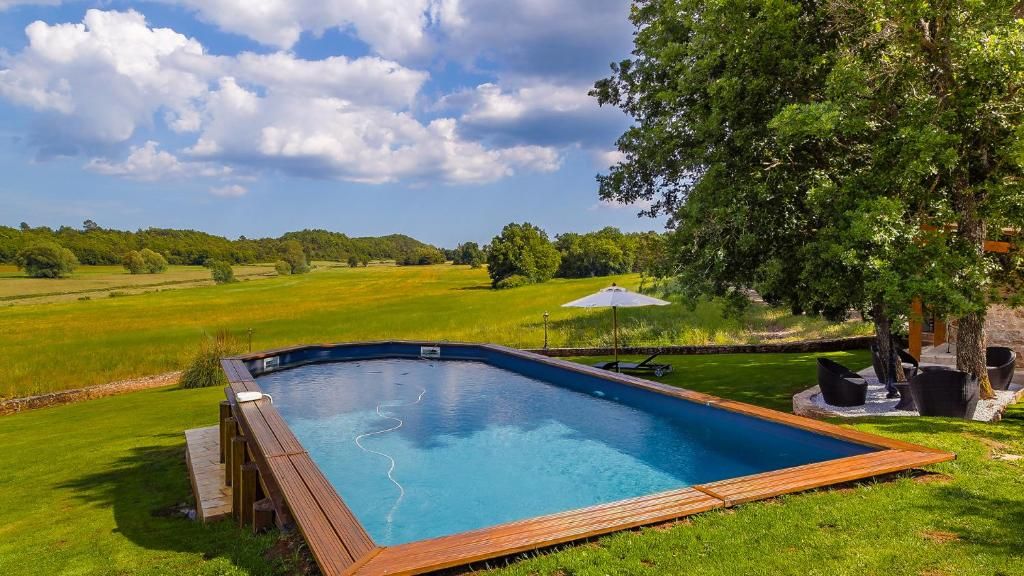 Ein rechteckiger Pool mit Holzterrasse, umgeben von einer grünen Rasenfläche und Bäumen.