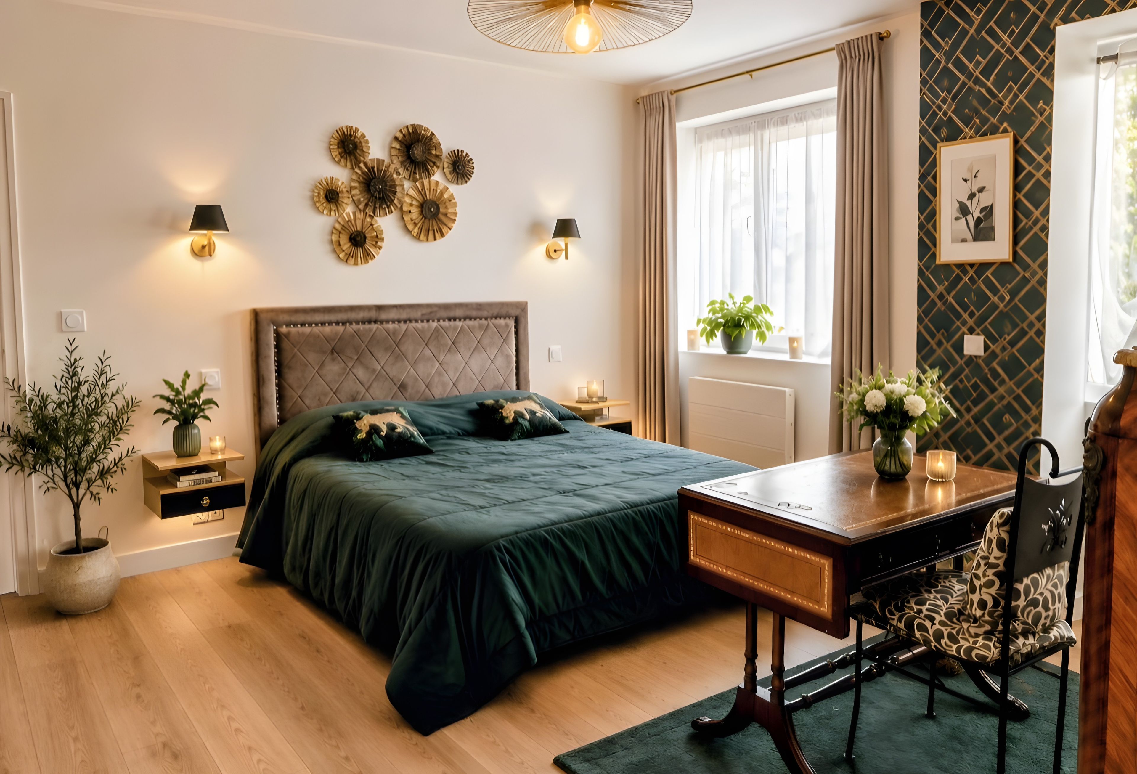 Quarto com cama, mesas de cabeceira, escrivaninha e uma cadeira.