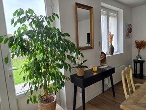 A room with a large potted plant, a black console table, a mirror, and a window with a view of the outdoors.