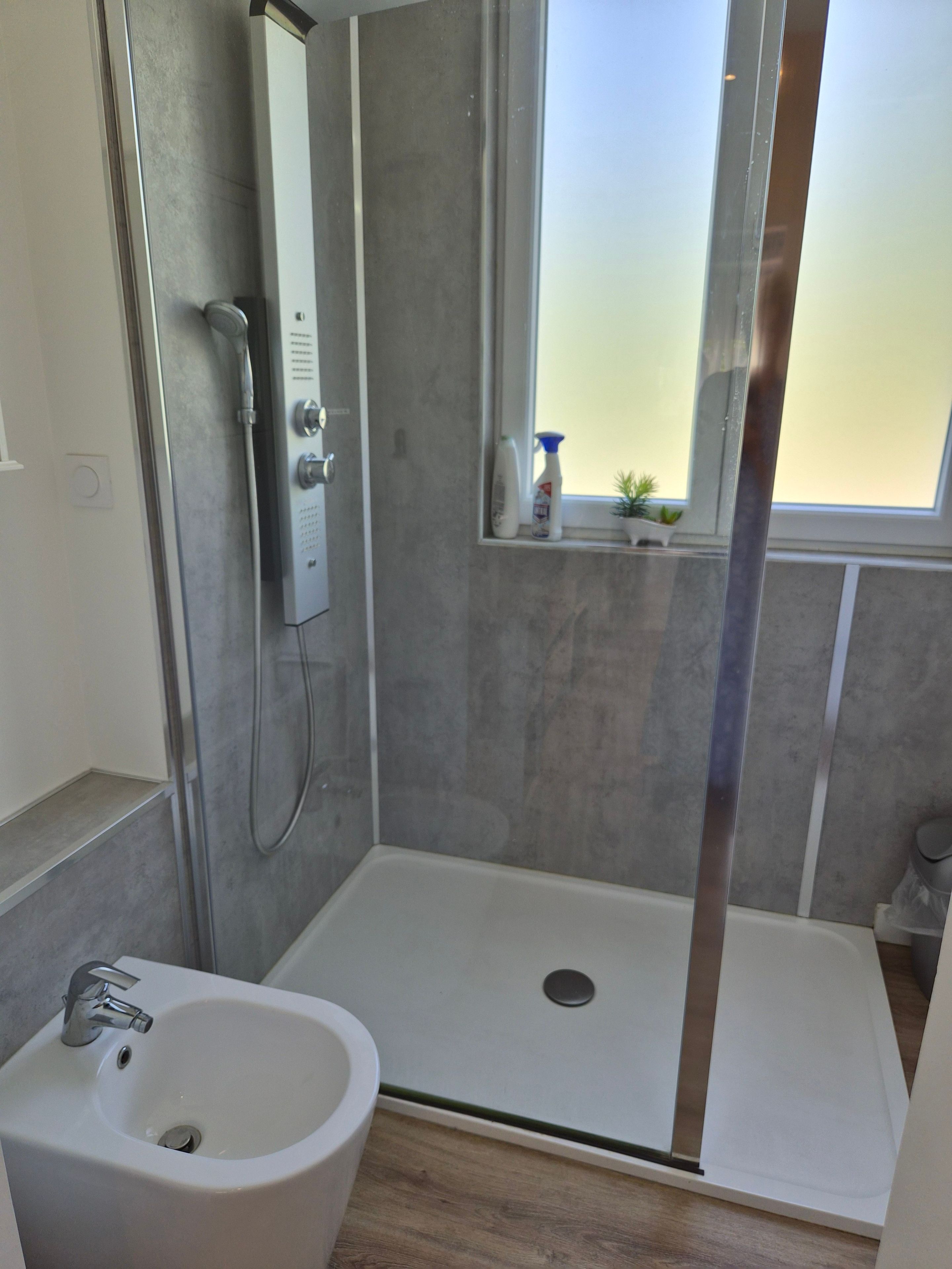 A bathroom with a shower, a sink, and a window with a view.