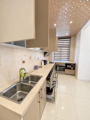 A modern kitchen with a stainless steel sink, a built-in oven, and a microwave. - Spacious and modern 2-bedroom apartment in Central Osu, Chateau Apartments (Accra)