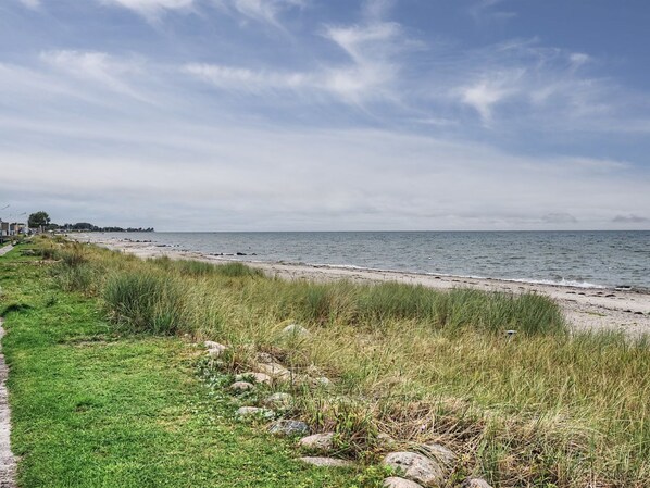 Ein Küstenpfad mit Gras und Felsen, der zu einem Strand mit ruhigem Wasser und einer fernen Küstenlinie führt.