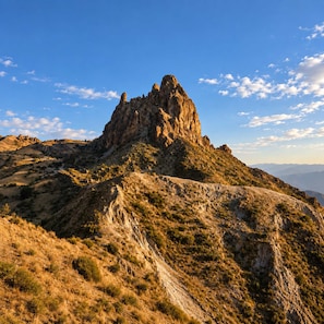 Un paisaje montañoso agreste con un pico rocoso destacado.