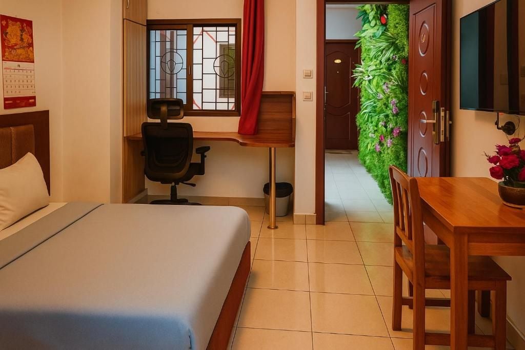 Una habitación de hotel con una cama, un escritorio con silla, un televisor y una puerta que da a otra habitación.