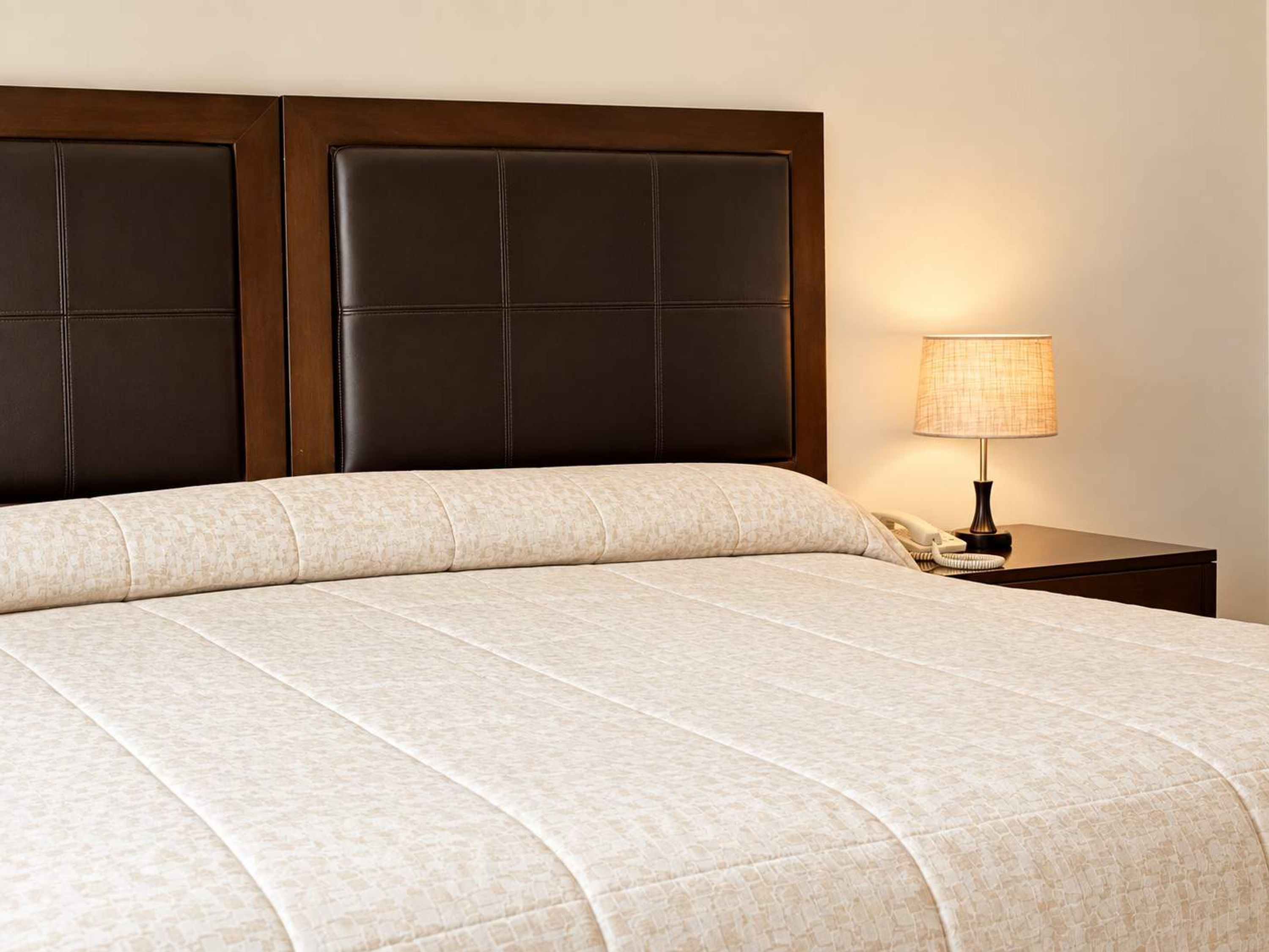 Una cama con cabecera, una lámpara de noche y un teléfono en una mesita de noche.