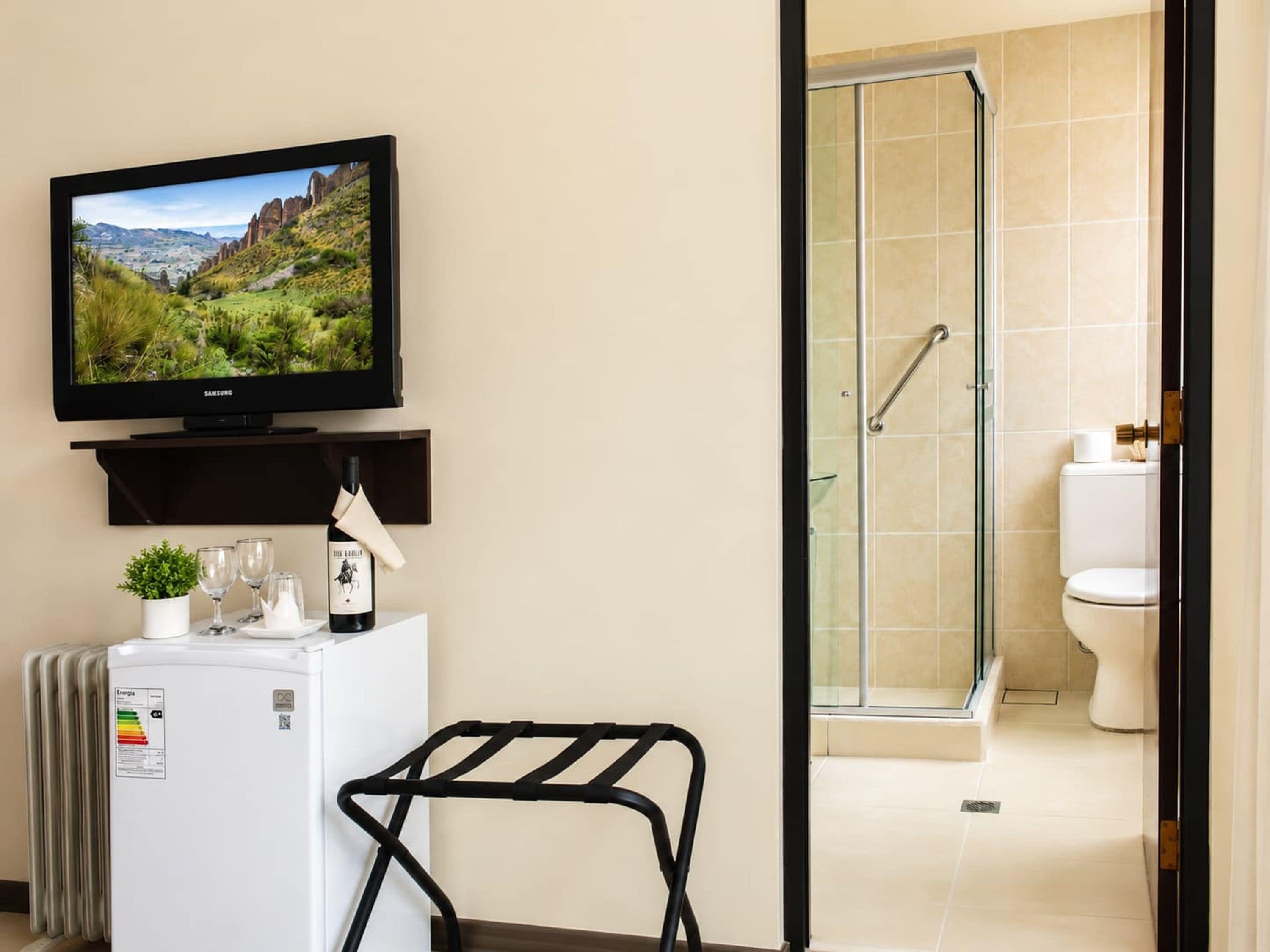 Habitación de hotel con una televisión mostrando un paisaje, un minibar, un refrigerador pequeño, cabina de ducha de vidrio y un inodoro blanco.
