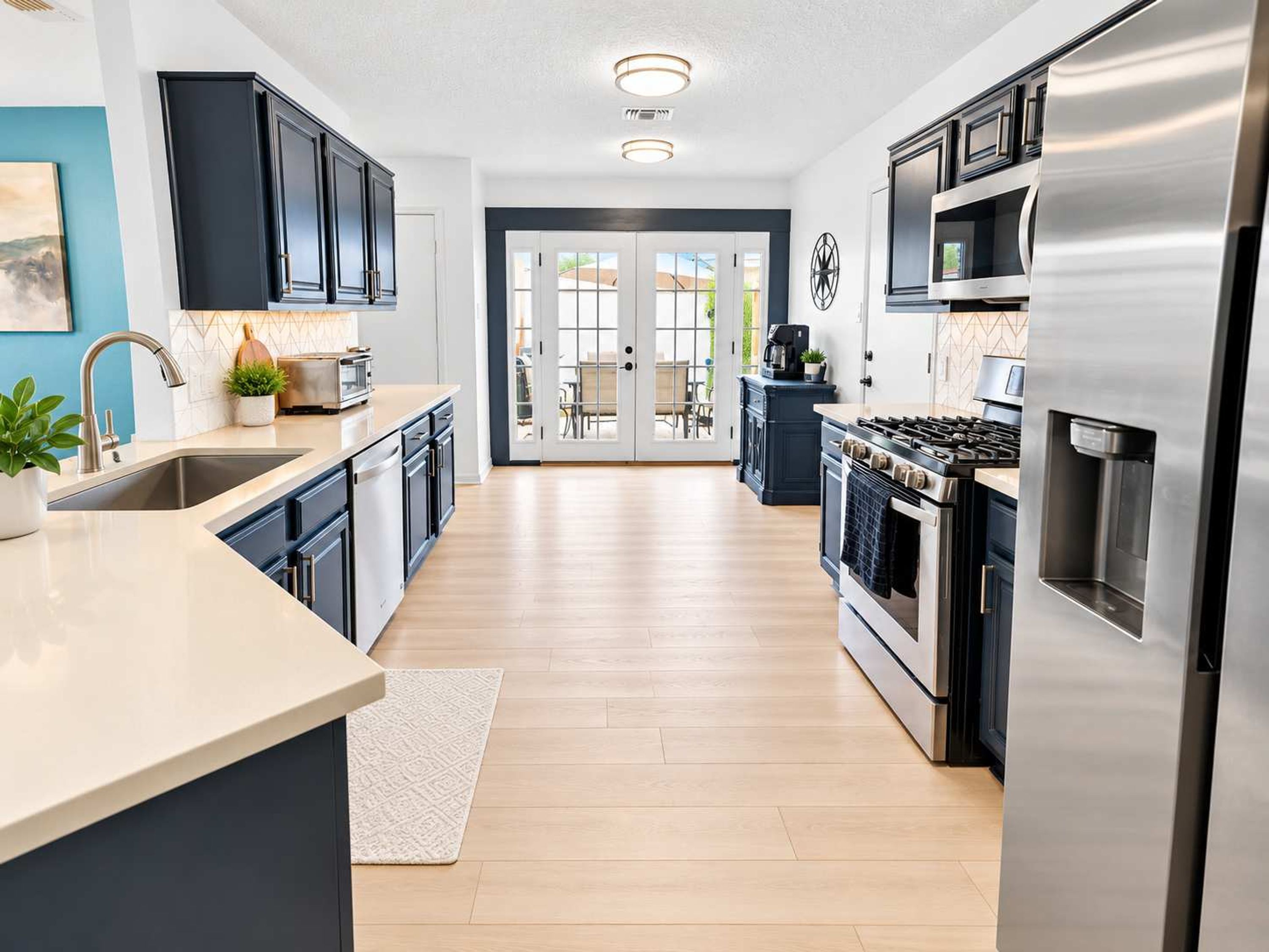 A modern kitchen with a central island, stainless steel appliances, and a view to the outside.