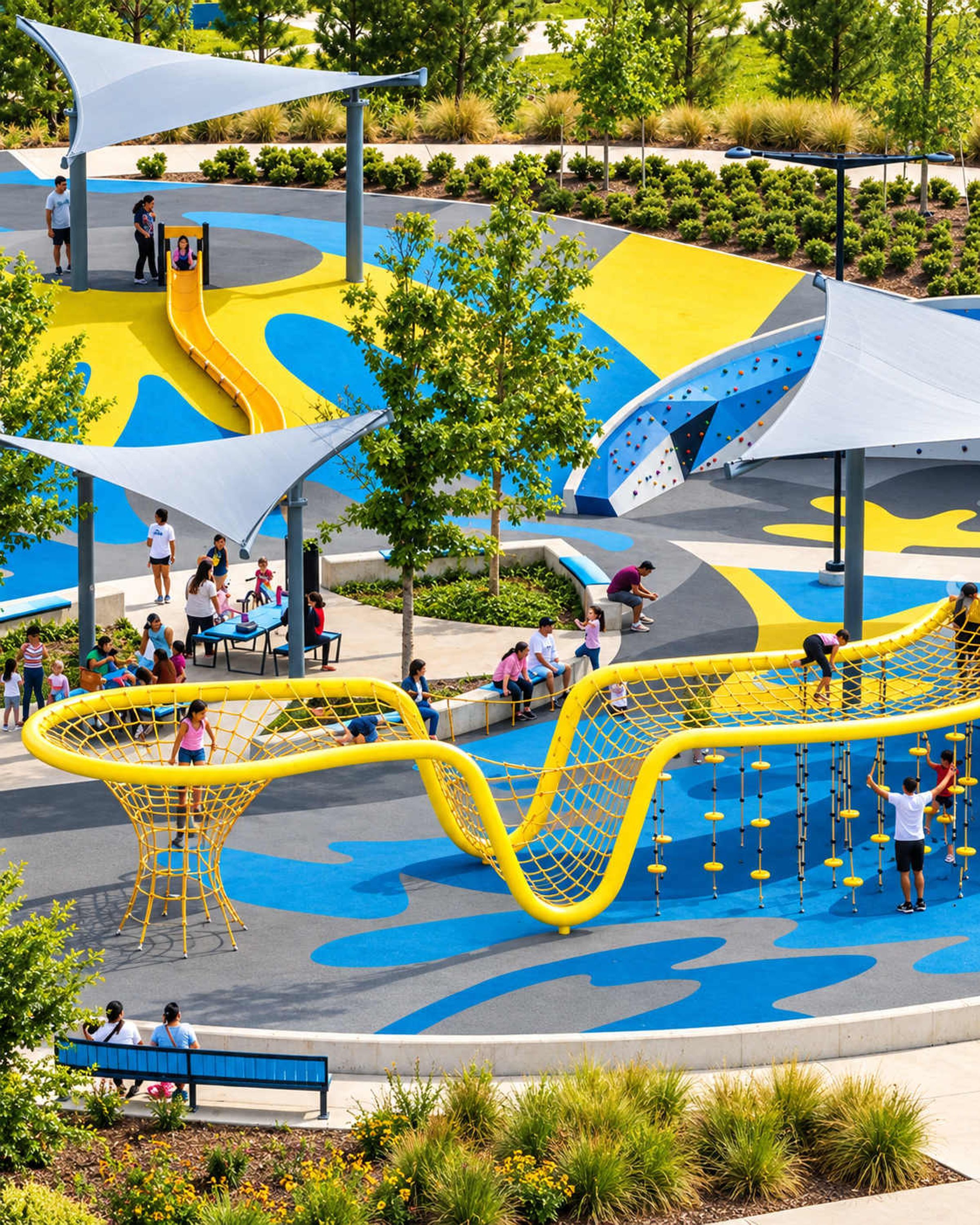 An outdoor playground with slides, climbing structures, and seating areas.