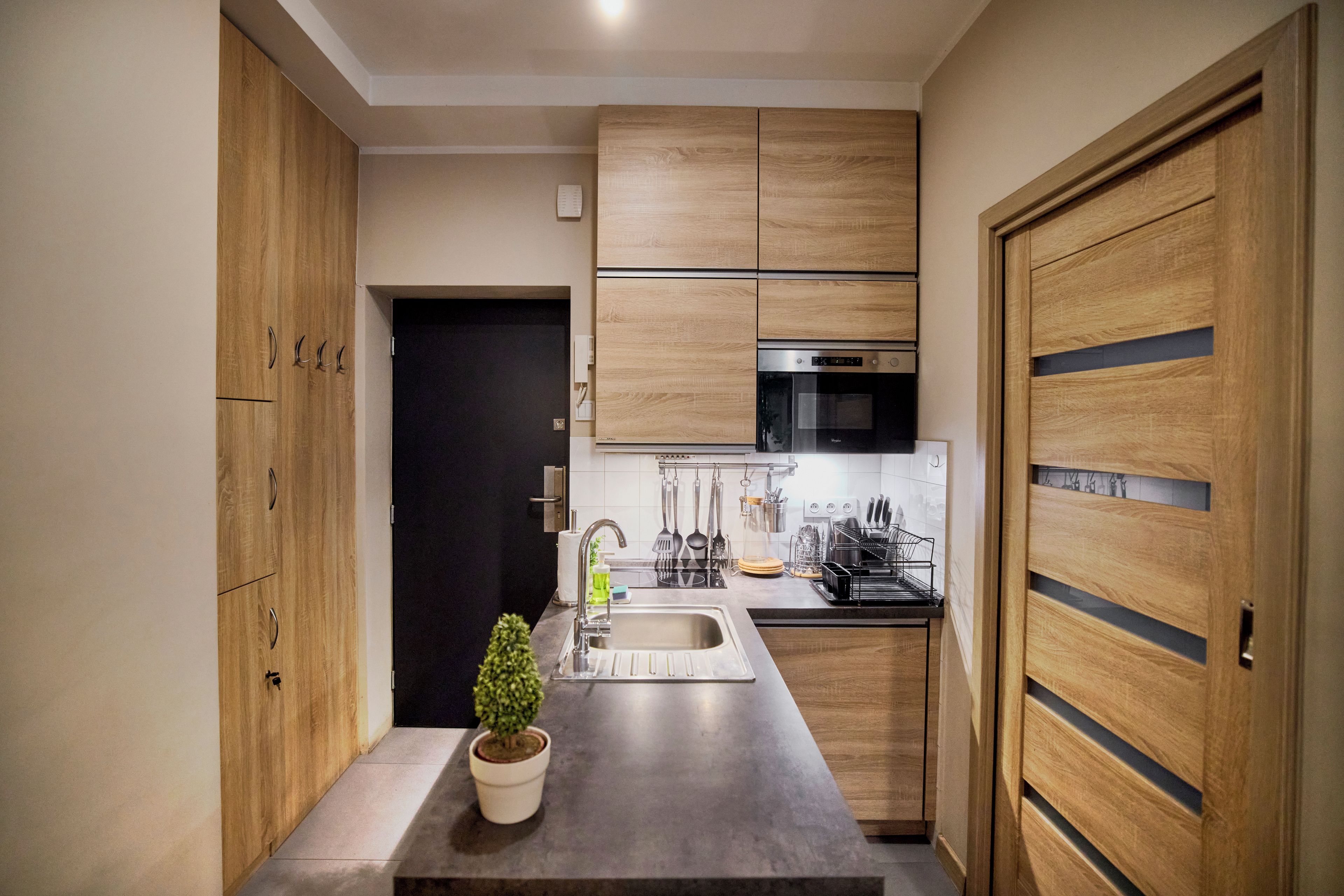 Una cocina moderna con armarios de madera, electrodomésticos de acero inoxidable y una planta en maceta sobre la encimera.