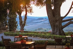 An outdoor seating area with tables and chairs, surrounded by trees and a view of rolling hills. - Nice apartment for 2 people with A/C, WIFI, TV and panoramic view, close to San Gimignano (Castelfalfi)