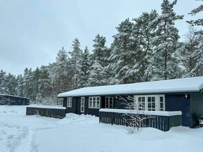 Lumipeitteinen mökki, jossa on suuri kuistialue, ja sen ympärillä kasvaa tiheästi ikivihreitä puita.