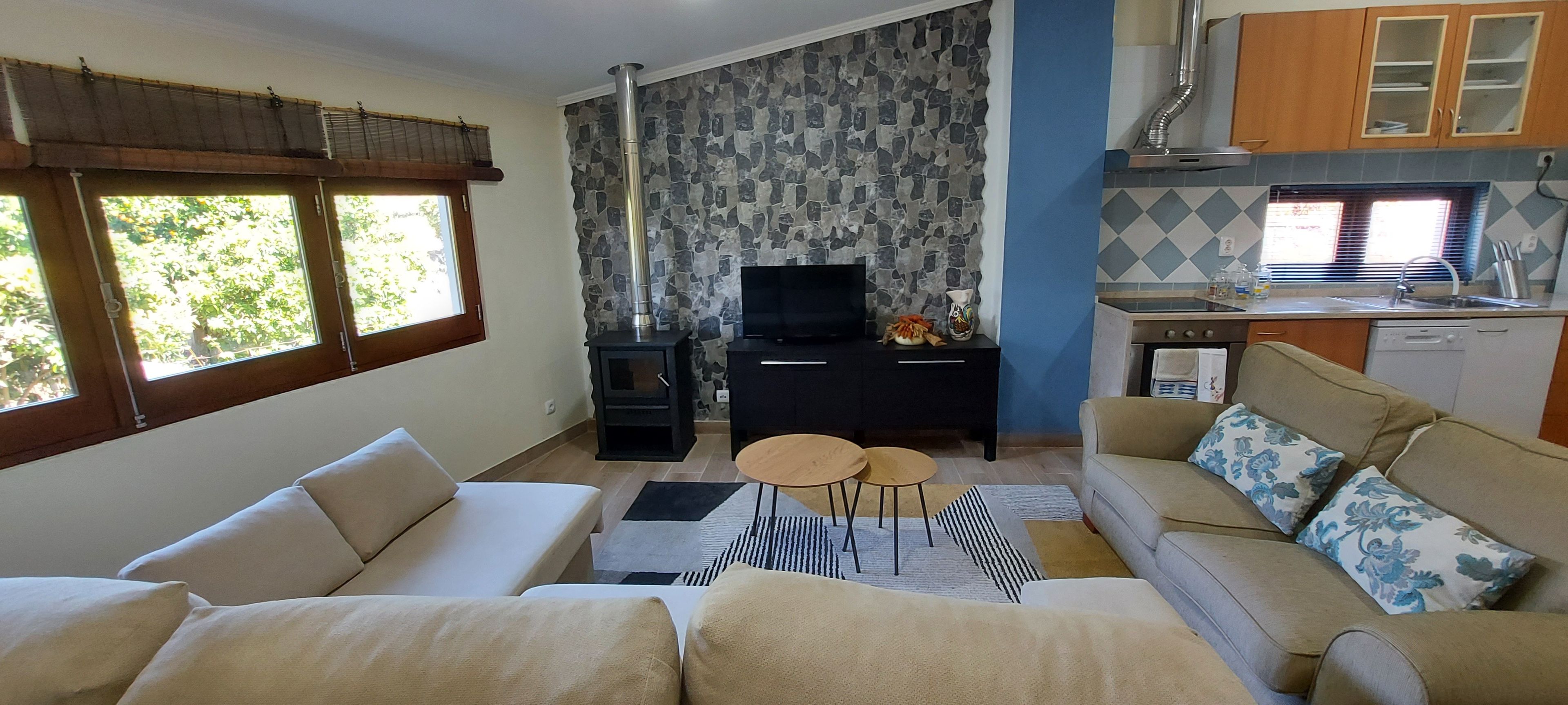 Ein Wohnzimmer mit einer Couch, einem Fernseher, einem Kamin und einer Küchenzeile mit Schränken und einem Fenster.