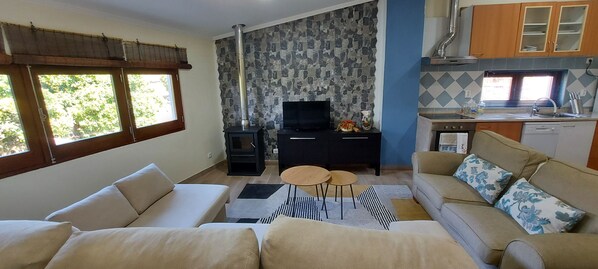 A living room with a sofa, a television, a fireplace, and a kitchen area with cabinets and a window.