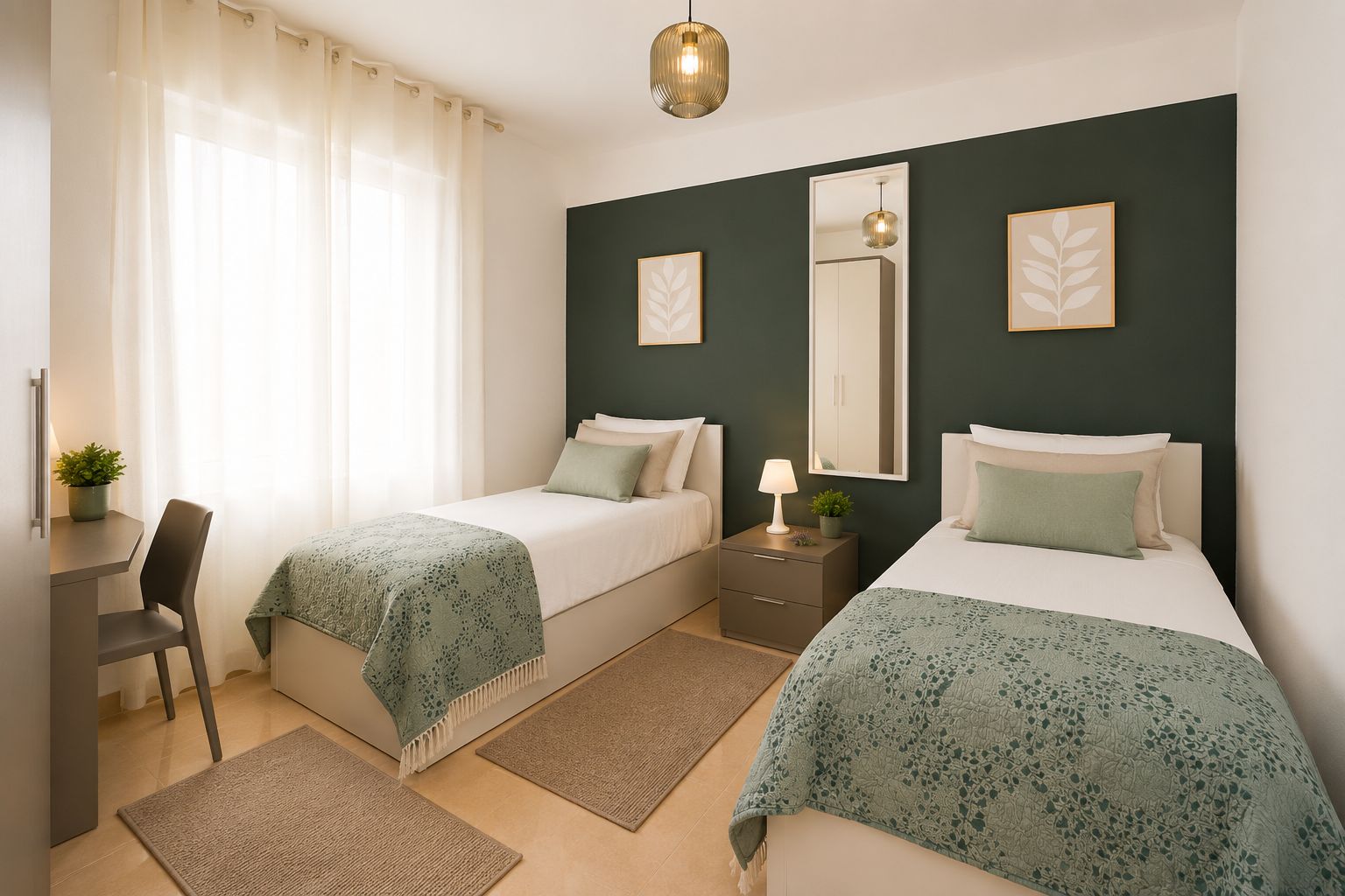 Una camera d'albergo con due letti, una scrivania, una sedia, un comodino con lampada, uno specchio e una finestra con tende.