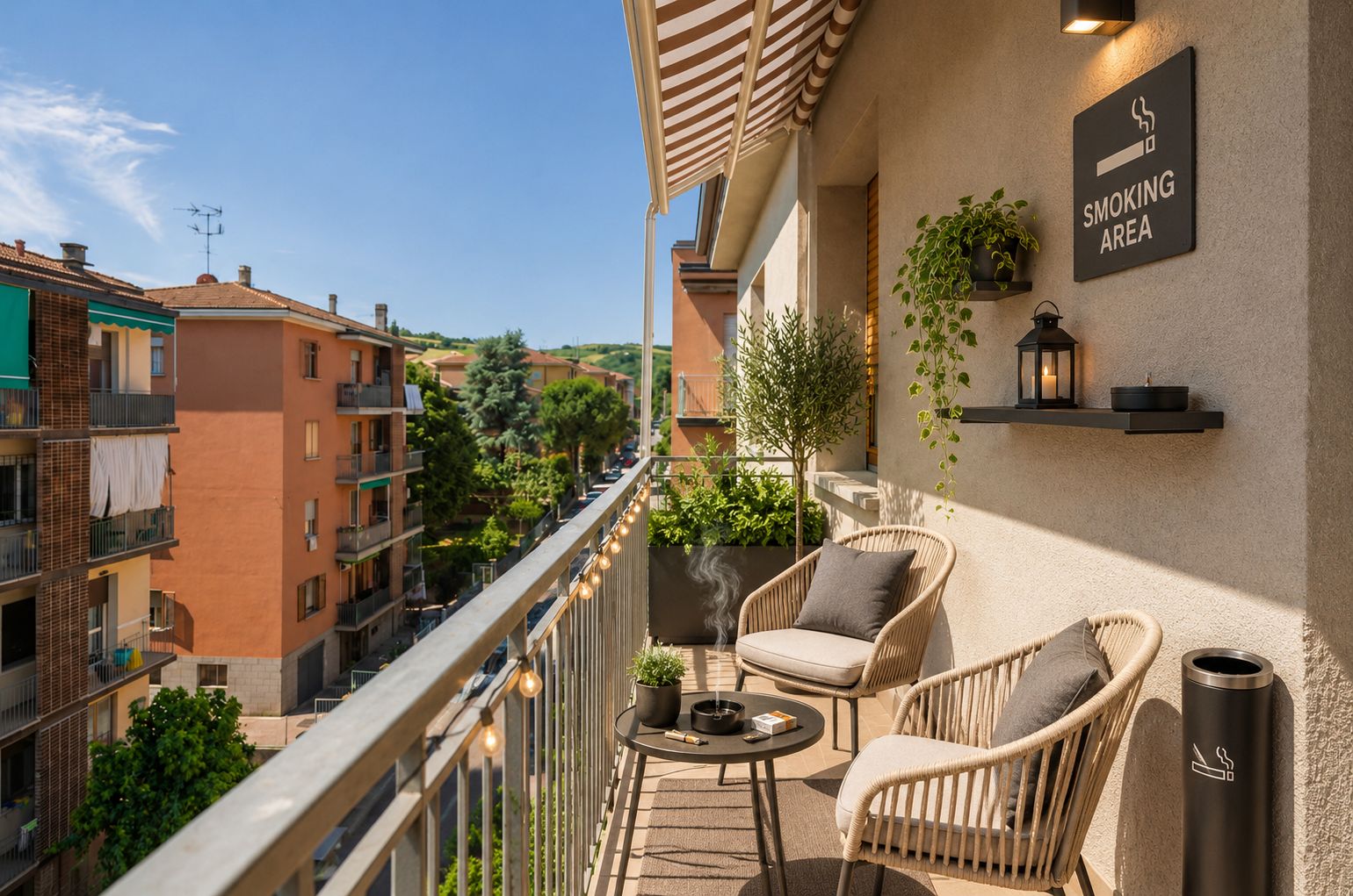 A balcony with wicker chairs, a small table, and a 'SMOKING AREA' sign.