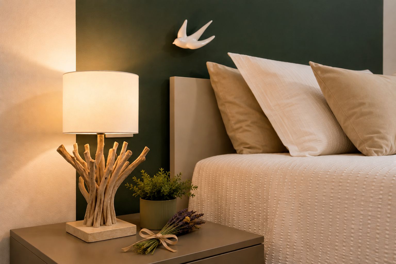Un lit bien fait, avec une tête de lit blanche, une lampe de chevet à la base en bois et une petite plante en pot posée sur la table de chevet.