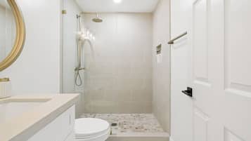 Un baño con inodoro, ducha con puerta de cristal y lavabo con espejo.