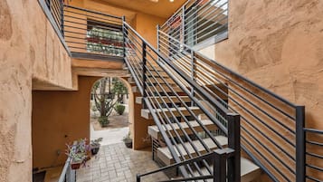 Un intérieur à plusieurs niveaux avec un escalier central, une vue sur la cour et des plantes en pot.