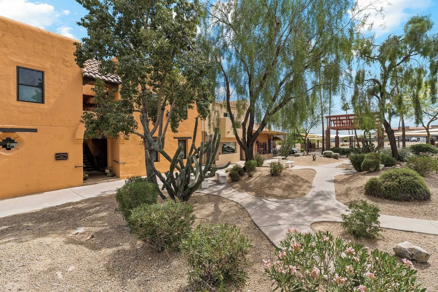 A courtyard with a cactus garden, a pathway, and a building with a tiled roof.