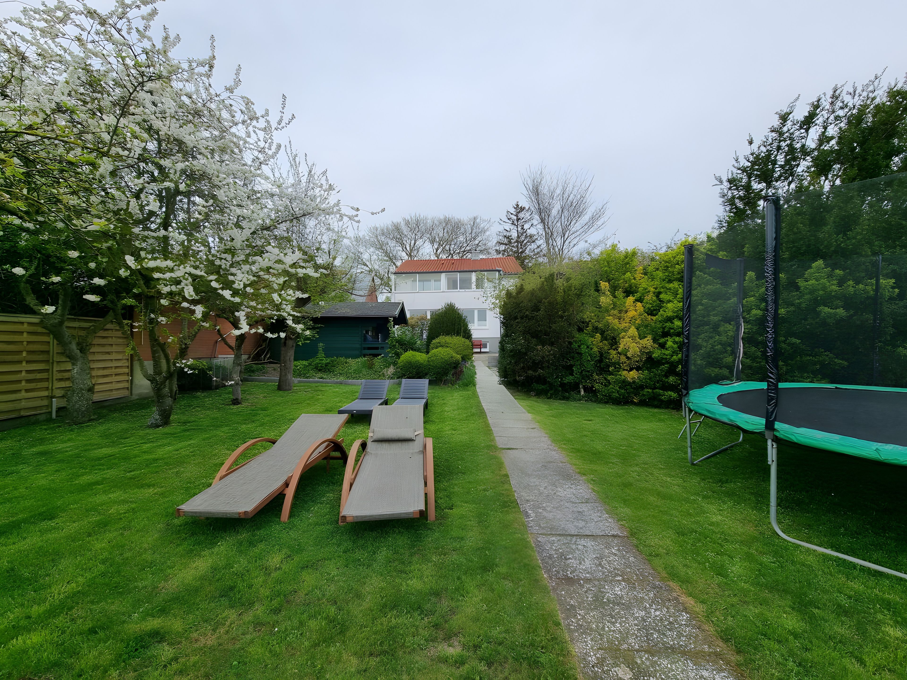 Un patio trasero con un trampolín, dos sillones de descanso, un sendero y una casa al fondo.
