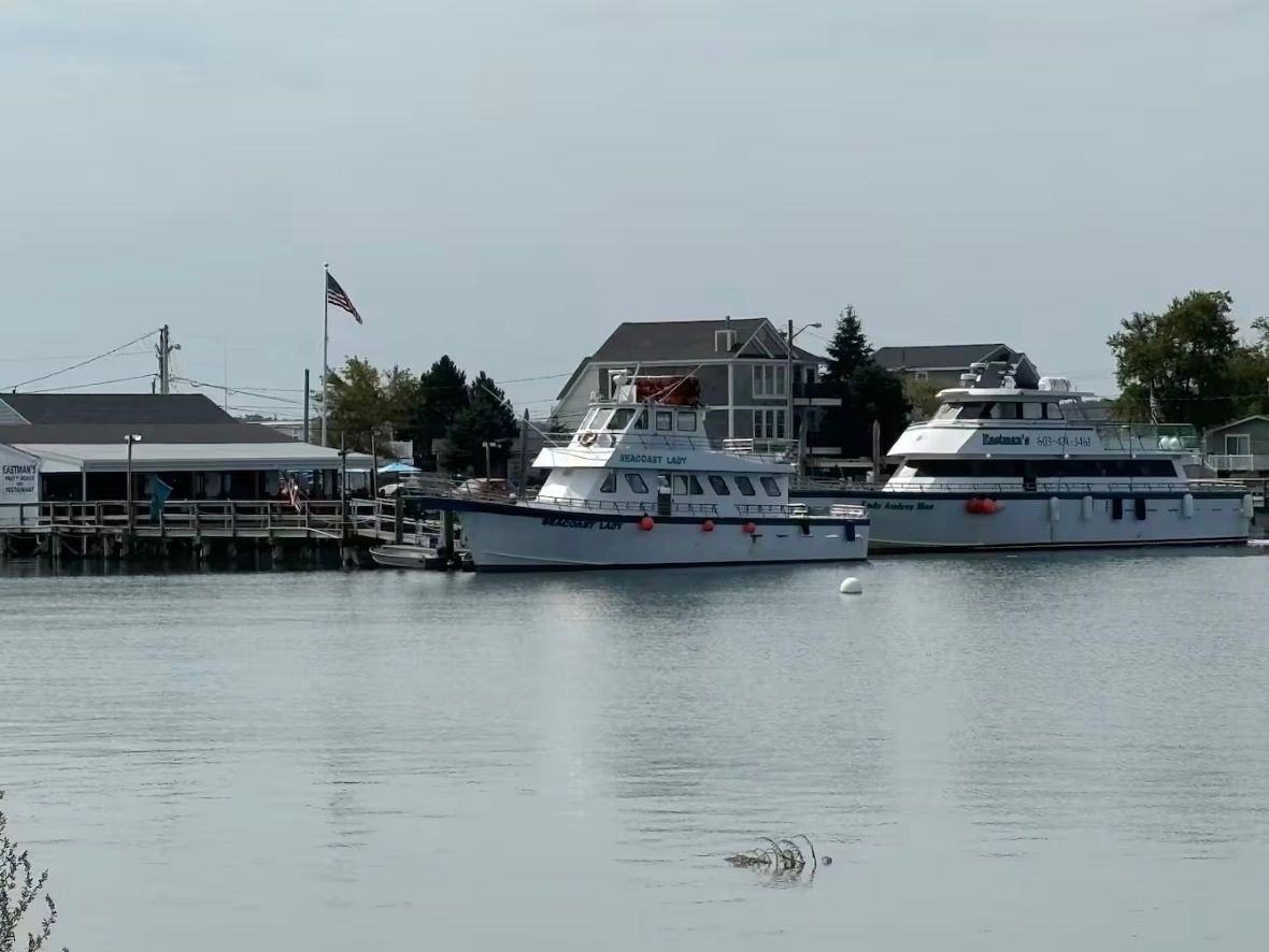 A marina with two boats docked, a building with a flag, and a clear sky.