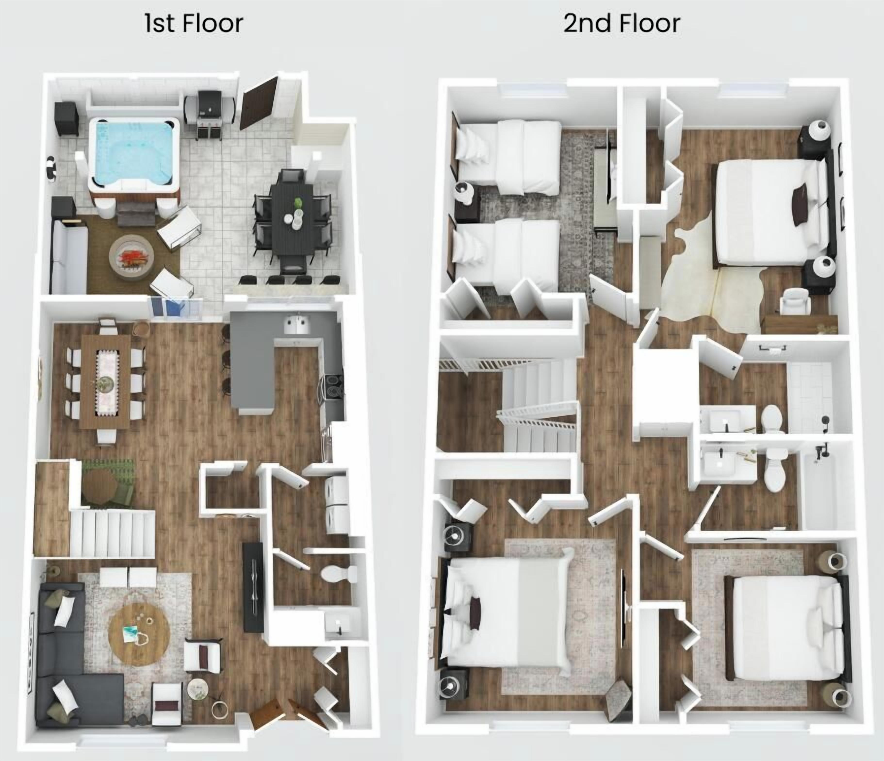 En 2D-plantegning af et hotel med en pool i stueetagen og flere værelser på anden sal.
