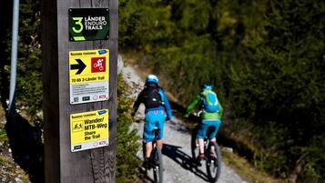 Um poste de madeira com várias placas, incluindo uma para as 3 Trilhas Lander e outra para Wander/MTB-Weg.